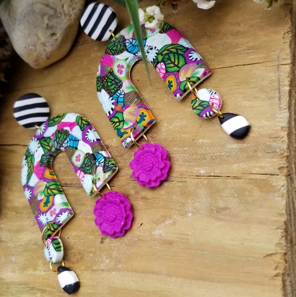 Polymer clay drop earrings - Picture 3 of 5